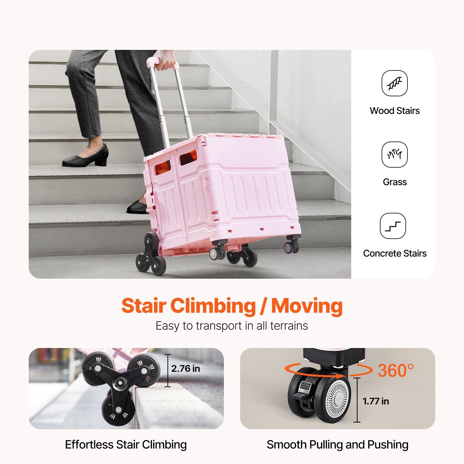foldable utility cart, 65l collapsible portable crate rolling cart with stair climbing wheels & 360° swivel wheels, hand cart with telescoping handle for shopping office moving teacher, pink