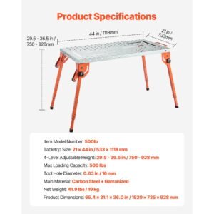foldable welding table 44" x 21", 500lbs capacity welding workbench with 4 level adjustable height, carbon steel work bench with 6 tool slots & 0.63" fixture holes for welding assembly repair