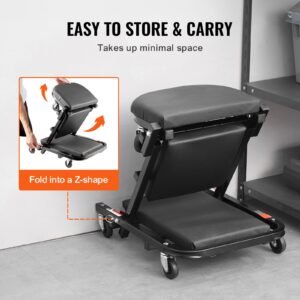 foldable z garage creeper, 40 in, 450 lbs load capacity rolling folding mechanic creeper stool, with 6 universal wheels padded seat steel frame, lay down or sit chair for garage shop or home