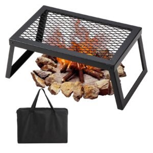 folding campfire grill, heavy duty steel mesh grate, 18" portable camping grates over fire pit, camp fire cooking equipment with legs carrying bag, grilling rack for outdoor open flame cooking