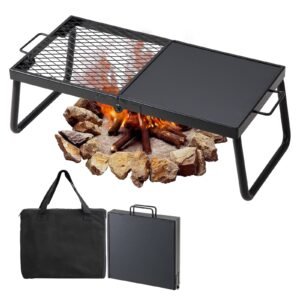 folding campfire grill, heavy duty steel mesh grate, 22.4" portable camping grates over fire pit, camp fire cooking equipment with legs carrying bag, grilling rack for outdoor open flame cooking