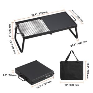 folding campfire grill, heavy duty steel mesh grate, 22.4" portable camping grates over fire pit, camp fire cooking equipment with legs carrying bag, grilling rack for outdoor open flame cooking