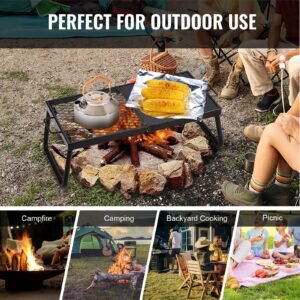 folding campfire grill, heavy duty steel mesh grate, 22.4" portable camping grates over fire pit, camp fire cooking equipment with legs carrying bag, grilling rack for outdoor open flame cooking