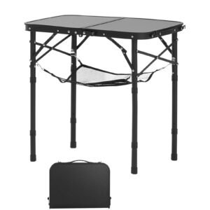 Folding Camping Table, Adjustable Height Portable Side Tables, Aluminum MDF Beach Table with Mesh Layer, Carrying Handle, Lightweight Compact for Outdoor Picnic BBQ Cooking, 24x16in, Black