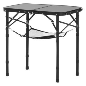 folding camping table, adjustable height portable side tables, aluminum mdf beach table with mesh layer, carrying handle, lightweight compact for outdoor picnic bbq cooking, 24x16in, black