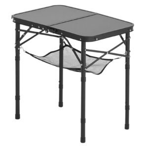 folding camping table, adjustable height portable side tables, aluminum mdf beach table with mesh layer, carrying handle, lightweight compact for outdoor picnic bbq cooking, 24x16in, black