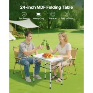 Folding Camping Table, Adjustable Height Portable Side Tables, Aluminum MDF Beach Table with Mesh Layer, Carrying Handle, Lightweight Compact for Outdoor Picnic BBQ Cooking, 24x16in, Silver