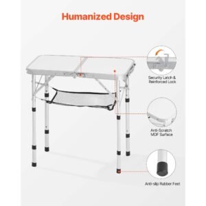 folding camping table, adjustable height portable side tables, aluminum mdf beach table with mesh layer, carrying handle, lightweight compact for outdoor picnic bbq cooking, 24x16in, silver
