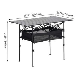 folding camping table, portable roll up side tables, lightweight aluminum beach table with adjustable height, large storage bag and carry bag, for outdoor bbq tailgating picnic, travel, black
