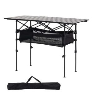 Folding Camping Table, Portable Roll Up Side Tables, Lightweight Aluminum Beach Table with Adjustable Height, Large Storage Bag and Carry Bag, For Outdoor BBQ Tailgating Picnic, Travel, Black
