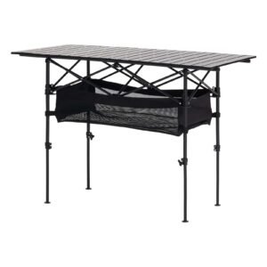 folding camping table, portable roll up side tables, lightweight aluminum beach table with adjustable height, large storage bag and carry bag, for outdoor bbq tailgating picnic, travel, black