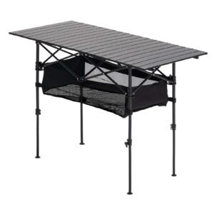 folding camping table, portable roll up side tables, lightweight aluminum beach table with adjustable height, large storage bag and carry bag, for outdoor bbq tailgating picnic, travel, black