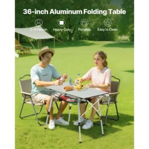 folding camping table, portable roll up side tables, lightweight aluminum beach table with adjustable height, top mesh layer and carry bag, for outdoor bbq tailgating picnic, travel, silver