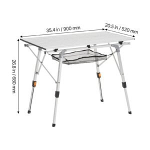 folding camping table, portable roll up side tables, lightweight aluminum beach table with adjustable height, top mesh layer and carry bag, for outdoor bbq tailgating picnic, travel, silver