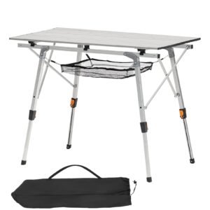 Folding Camping Table, Portable Roll Up Side Tables, Lightweight Aluminum Beach Table with Adjustable Height, Top Mesh Layer and Carry Bag, For Outdoor BBQ Tailgating Picnic, Travel, Silver