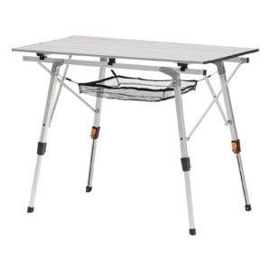 folding camping table, portable roll up side tables, lightweight aluminum beach table with adjustable height, top mesh layer and carry bag, for outdoor bbq tailgating picnic, travel, silver