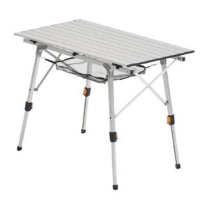folding camping table, portable roll up side tables, lightweight aluminum beach table with adjustable height, top mesh layer and carry bag, for outdoor bbq tailgating picnic, travel, silver