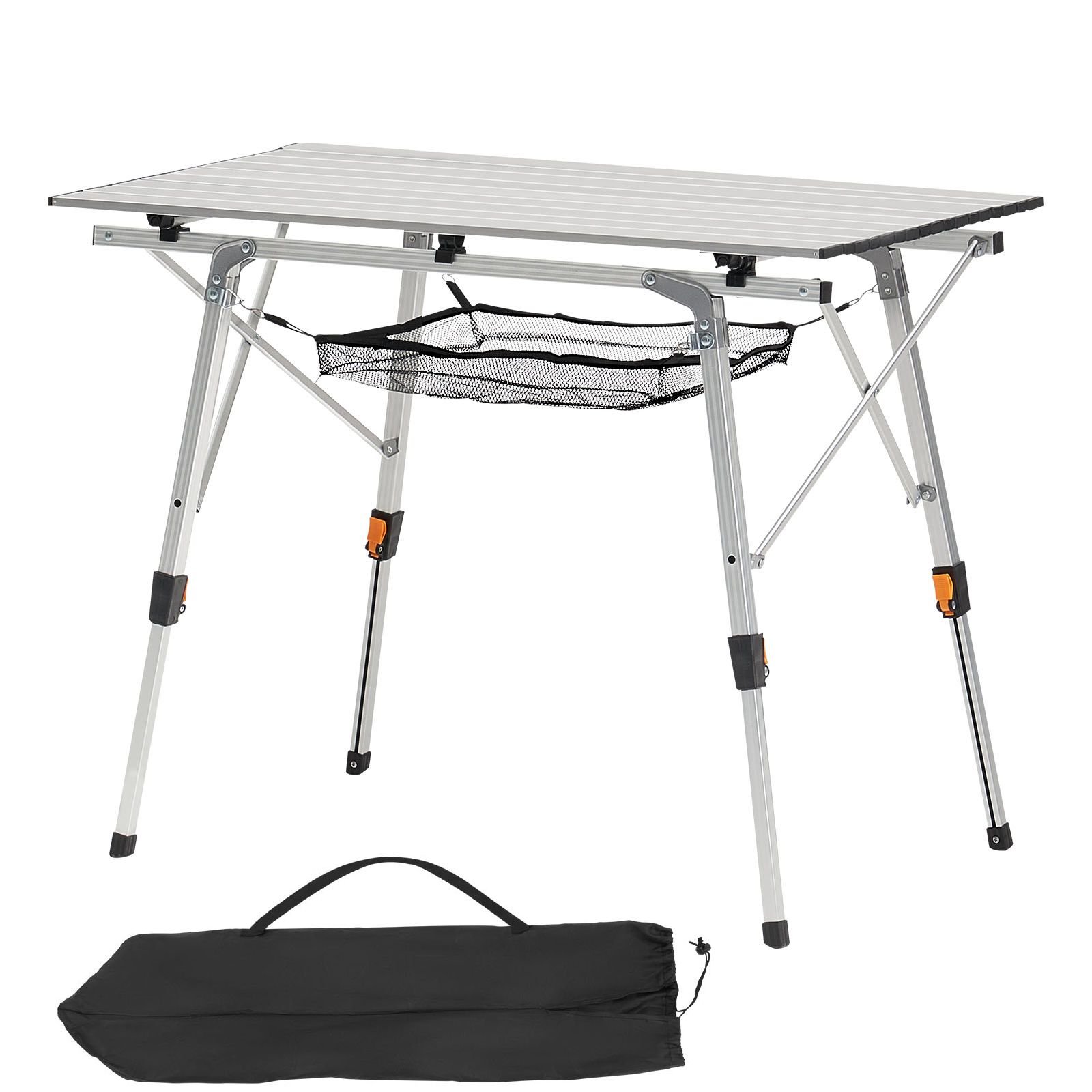 folding camping table, portable roll up side tables, lightweight aluminum beach table with adjustable height, top mesh layer and carry bag, for outdoor bbq tailgating picnic, travel, silver