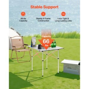 folding camping table, portable roll up side tables, small lightweight aluminum beach table, compact with carry bag, for outdoor cooking, tailgating, grilling, picnic, travel, silver