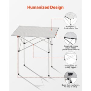 folding camping table, portable roll up side tables, small lightweight aluminum beach table, compact with carry bag, for outdoor cooking, tailgating, grilling, picnic, travel, silver