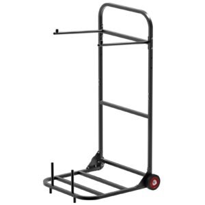 folding chair rack, 100 lbs capacity, heavy duty chair cart for hanging 10 chairs, multi function metal chair storage dolly with rubber wheels, push style chair holder, matte black