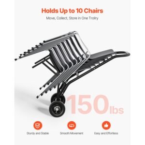 folding chair rack, 150 lbs capacity, heavy duty chair cart for stacking 10 chairs, multi function metal chair storage dolly with rubber wheels, push style chair holder, matte black