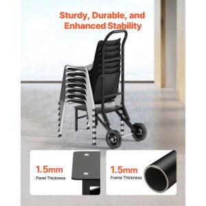 folding chair rack, 150 lbs capacity, heavy duty chair cart for stacking 10 chairs, multi function metal chair storage dolly with rubber wheels, push style chair holder, matte black