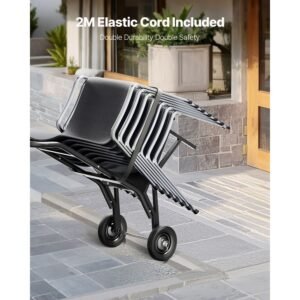folding chair rack, 150 lbs capacity, heavy duty chair cart for stacking 10 chairs, multi function metal chair storage dolly with rubber wheels, push style chair holder, matte black