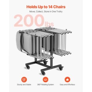 folding chair rack, 200 lbs capacity, t shape chair cart for 14 chairs, heavy duty metal chair storage dolly with rubber wheels, multi function chair holder for party event,hotel, matte black