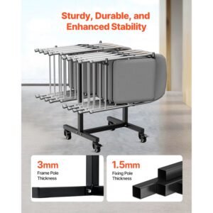 folding chair rack, 200 lbs capacity, t shape chair cart for 14 chairs, heavy duty metal chair storage dolly with rubber wheels, multi function chair holder for party event,hotel, matte black
