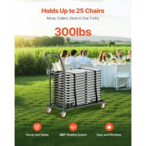 folding chair rack, 300 lbs capacity, l shape horizontal placement chair cart for 25 chairs, heavy duty metal chair storage dolly with rubber wheels and holders, large chair holder, matte black
