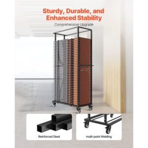 folding chair rack, 500 lbs capacity, heavy duty chair cart for 60 chairs, metal chair storage dolly chair holder with swivel casters and locking wheels, for party event,hotel,matte black