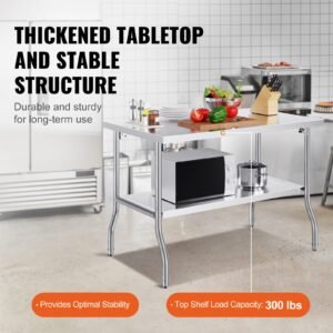folding commercial prep table, 48 x 30 inch commercial worktable workstation with undershelf, heavy duty stainless steel folding table with 300 lbs load, for home kitchen restaurant garage