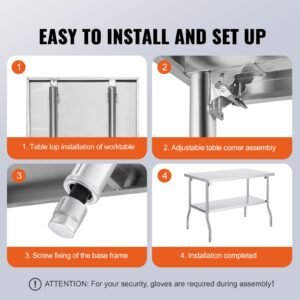 folding commercial prep table, 48 x 30 inch commercial worktable workstation with undershelf, heavy duty stainless steel folding table with 300 lbs load, for home kitchen restaurant garage