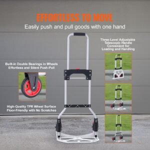 folding hand truck and dolly, 176 lbs capacity, aluminum foldable cart, heavy duty luggage trolley cart with telescoping handle and pp+tpr wheels for home, office, shopping, travel