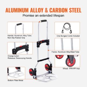 folding hand truck and dolly, 176 lbs capacity, aluminum foldable cart, heavy duty luggage trolley cart with telescoping handle and pp+tpr wheels for home, office, shopping, travel
