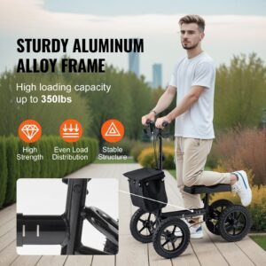 folding knee scooter, aluminum steerable knee walker with height adjustable handlebar & knee pad, 12" all terrain wheels, dual brakes, leg recovery scooter for broken ankle foot injuries, 350lbs