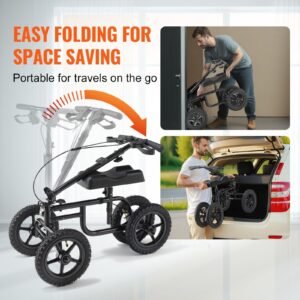 folding knee scooter, carbon steel steerable knee walker with height adjustable handlebar & knee pad, 12" all terrain wheel, dual brakes, leg recovery scooter for injured ankle foot knee, 350lbs