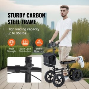 folding knee scooter, carbon steel steerable knee walker with height adjustable handlebar & knee pad, 12" all terrain wheel, dual brakes, leg recovery scooter for injured ankle foot knee, 350lbs