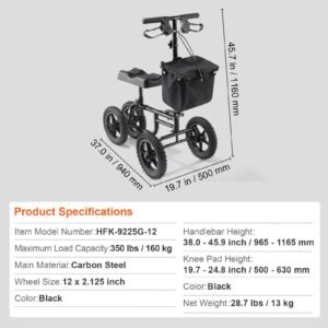 folding knee scooter, carbon steel steerable knee walker with height adjustable handlebar & knee pad, 12" all terrain wheel, dual brakes, leg recovery scooter for injured ankle foot knee, 350lbs