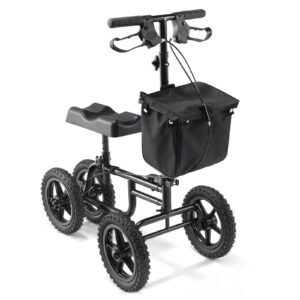 folding knee scooter, carbon steel steerable knee walker with height adjustable handlebar & knee pad, 12" all terrain wheel, dual brakes, leg recovery scooter for injured ankle foot knee, 350lbs