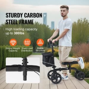 folding knee scooter, carbon steel steerable knee walker with height adjustable handlebar & knee pad, all terrain solid wheels, dual brakes, leg recovery scooter for broken ankle foot injuries