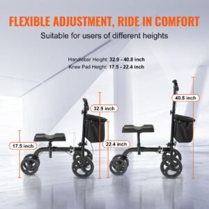 folding knee scooter, carbon steel steerable knee walker with height adjustable handlebar & knee pad, all terrain solid wheels, dual brakes, leg recovery scooter for broken ankle foot injuries