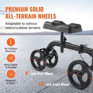 folding knee scooter, carbon steel steerable knee walker with height adjustable handlebar & knee pad, all terrain solid wheels, dual brakes, leg recovery scooter for broken ankle foot injuries