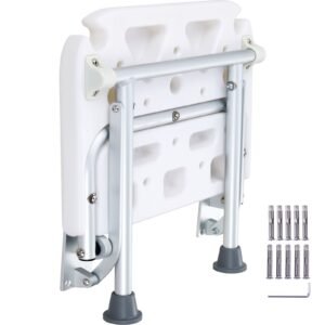 Folding PE Shower Seat, 15.7'' x 14.8'' Unfolded, Wall Mounted Fold Up Shower Bench with 500 lbs Load Capacity, Space Saving Fold Down Shower Chair for Seniors Pregnant Women
