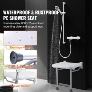 folding pe shower seat, 15.7'' x 14.8'' unfolded, wall mounted fold up shower bench with 500 lbs load capacity, space saving fold down shower chair for seniors pregnant women