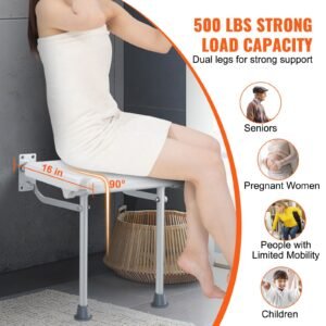 folding pe shower seat, 15.7'' x 14.8'' unfolded, wall mounted fold up shower bench with 500 lbs load capacity, space saving fold down shower chair for seniors pregnant women