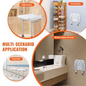 folding pe shower seat, 15.7'' x 14.8'' unfolded, wall mounted fold up shower bench with 500 lbs load capacity, space saving fold down shower chair for seniors pregnant women