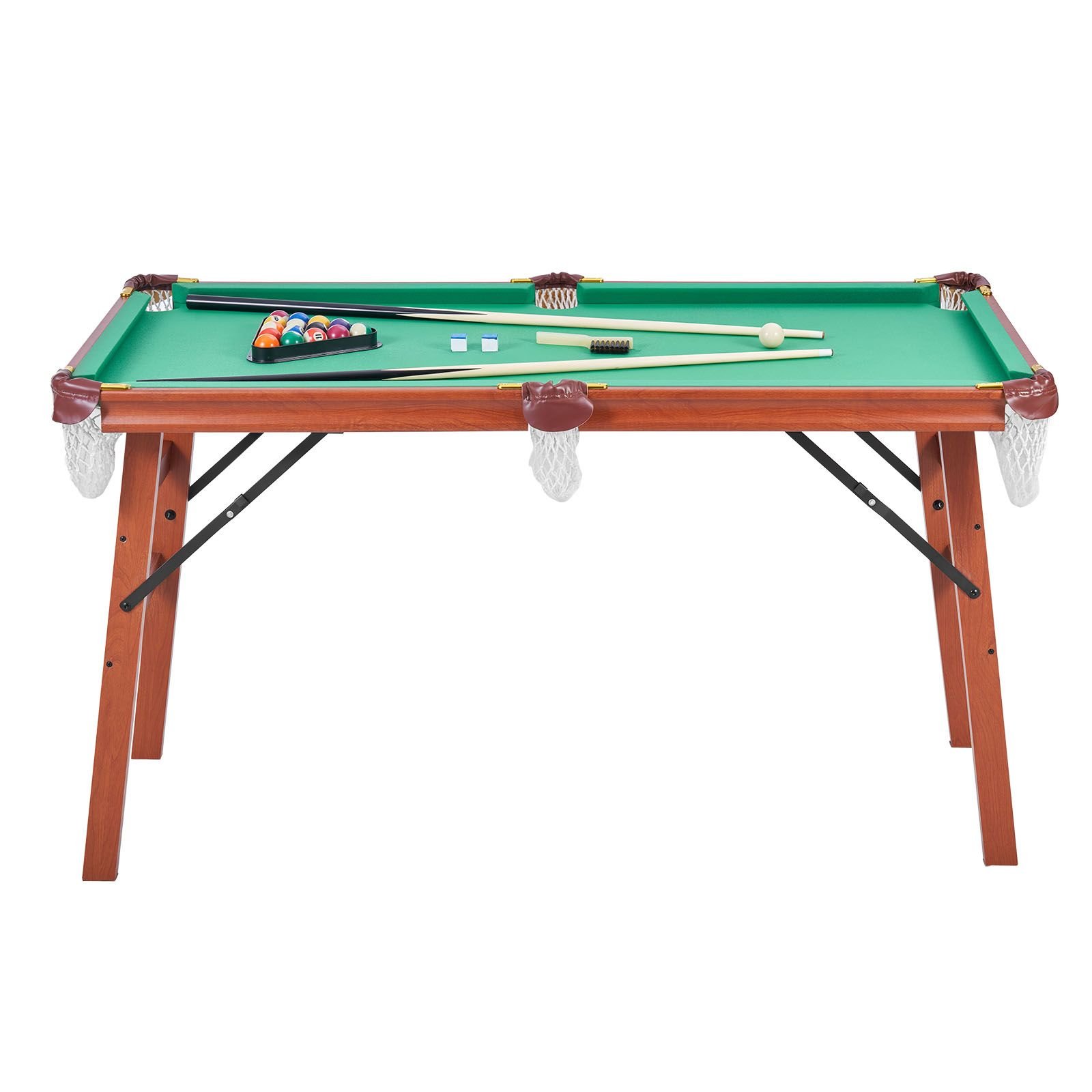 folding pool table, 4.5 ft portable billiards tables, foldable space saving entertainment game set includes ball, cue, rack, chalk, brush, brown with bule cloth, for family use, recreation room