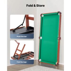 folding pool table, 4.5 ft portable billiards tables, foldable space saving entertainment game set includes ball, cue, rack, chalk, brush, brown with bule cloth, for family use, recreation room